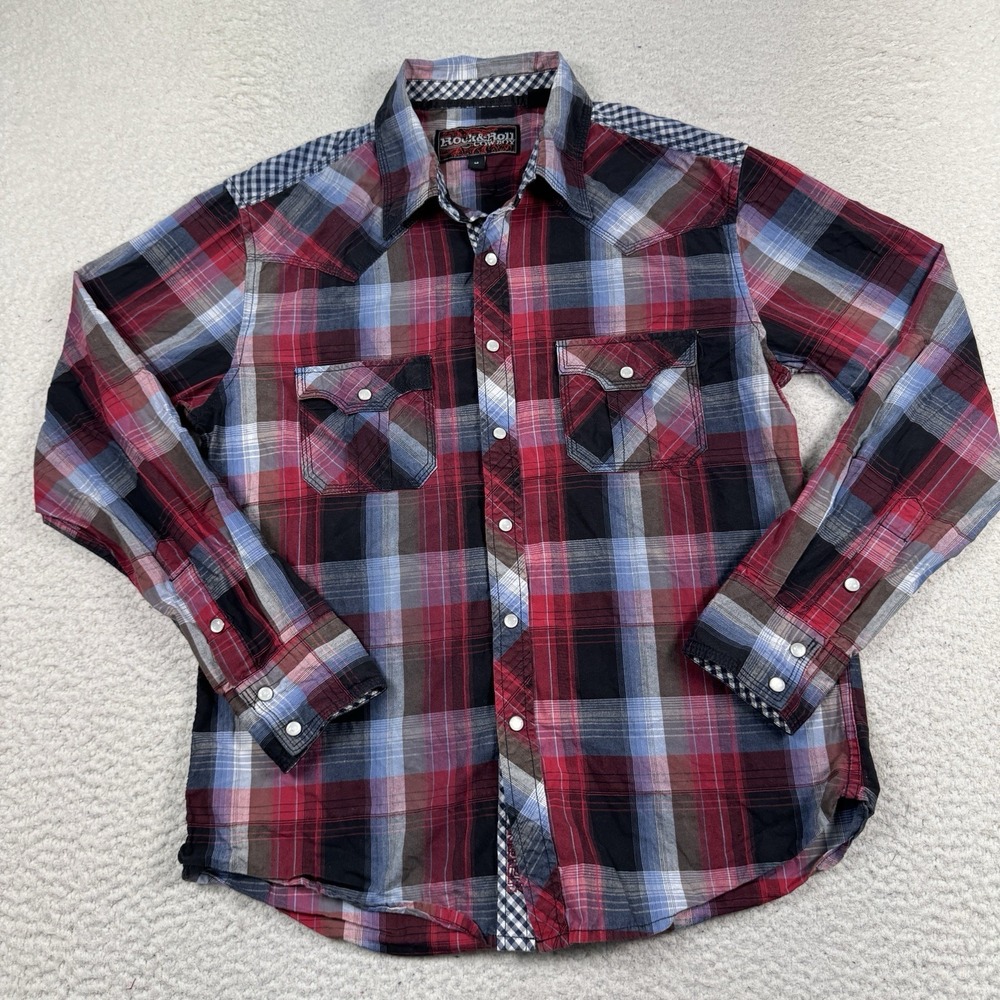 Rock & Roll Cowboy Shirt‎ Men's M Pearl Snap Plaid Patchwork Western Color Block